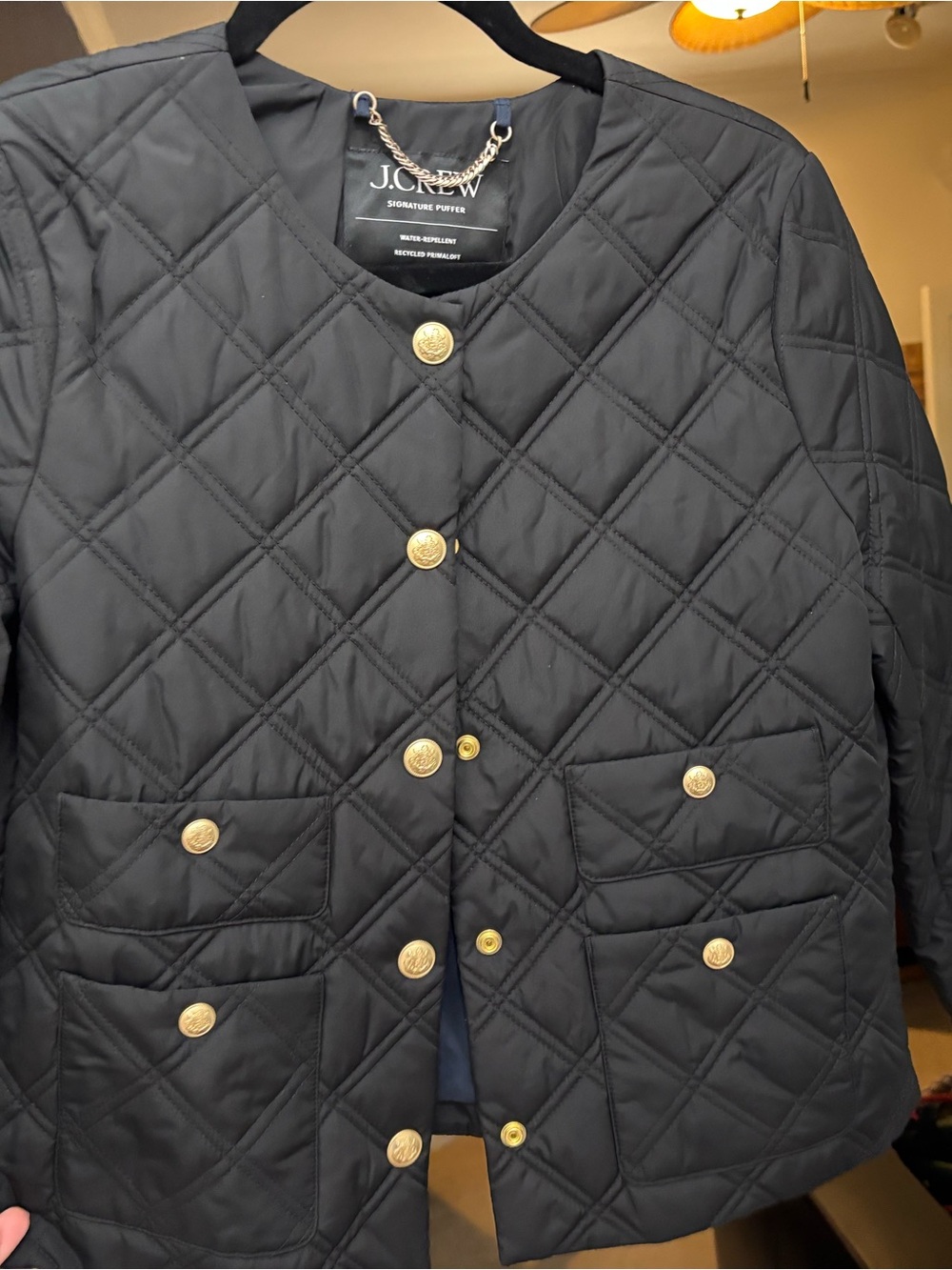 J. Crew Black Quilted Puffer Jacket with Gold-Tone Buttons